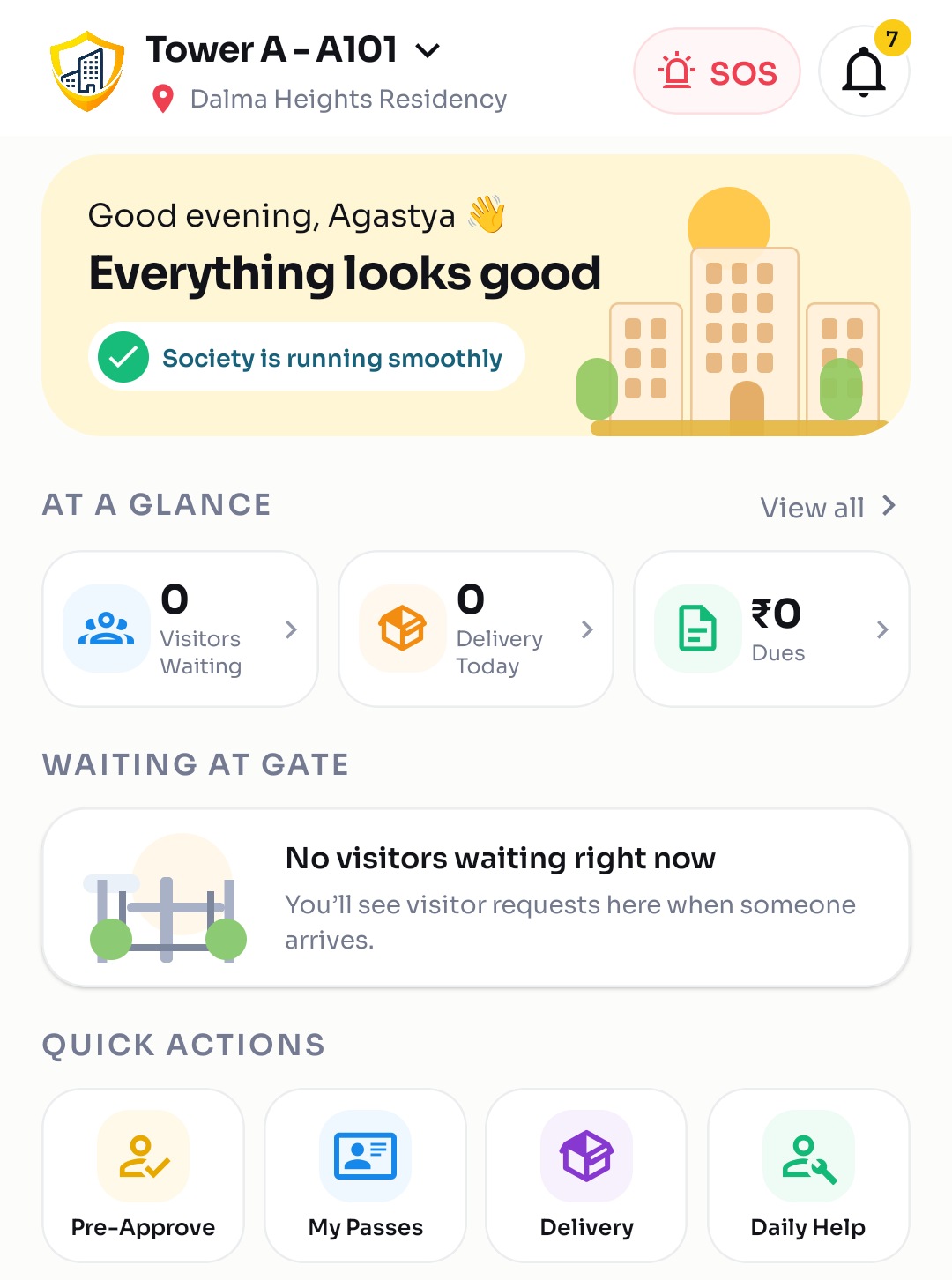 S-Gate resident home screen showing visitors waiting, deliveries and dues